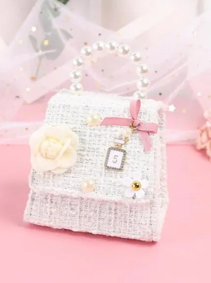 Chic Pearl Handle Tweed Mini Bag with Floral Accents