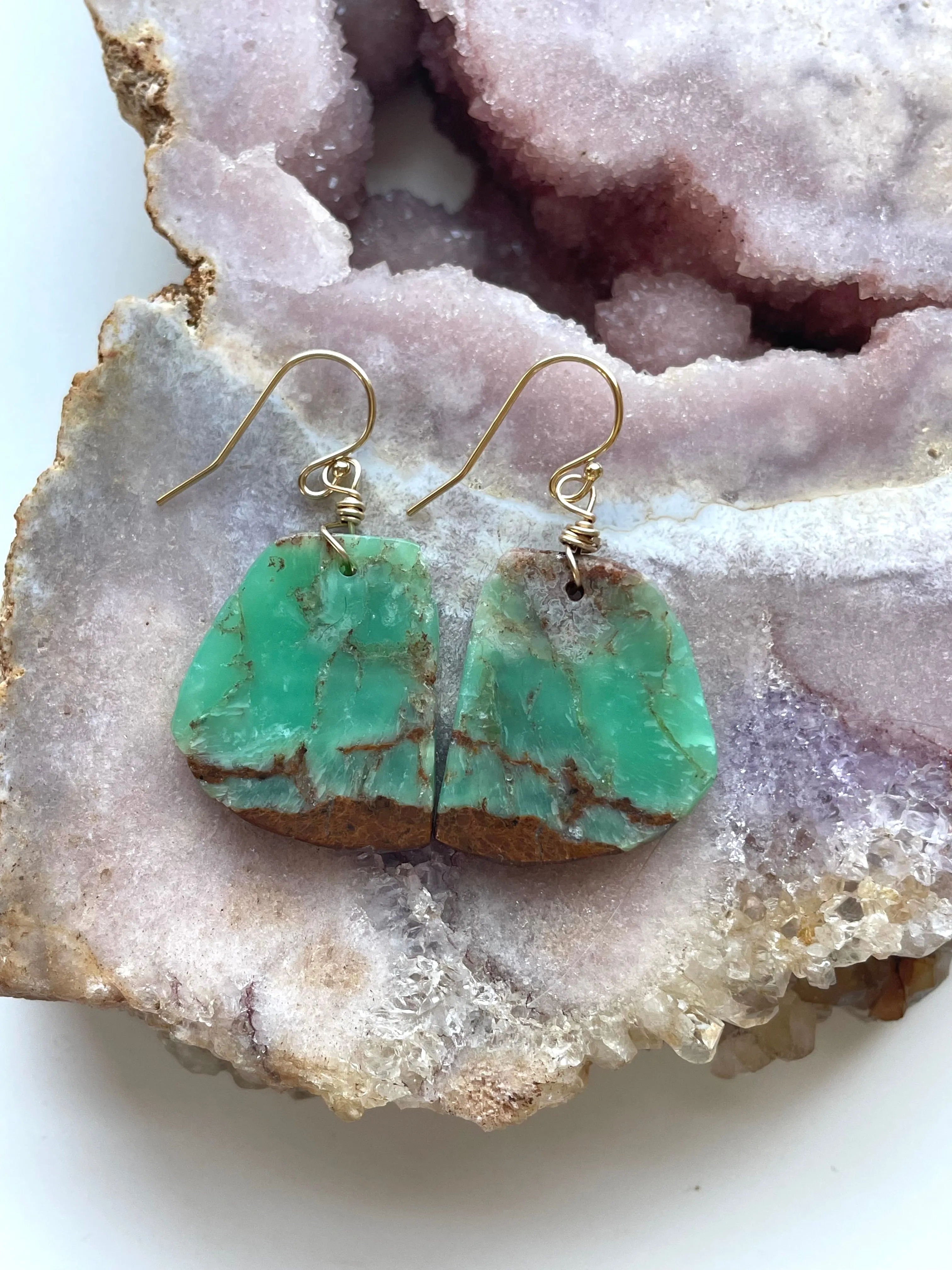 Chrysoprase Statement Earrings Gold Fill