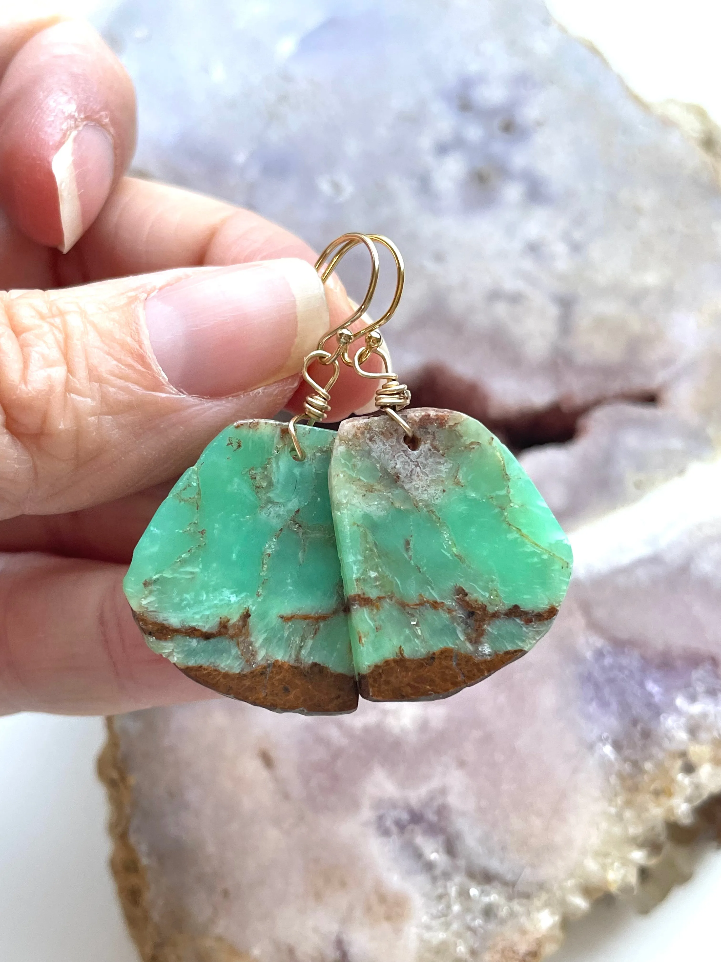 Chrysoprase Statement Earrings Gold Fill