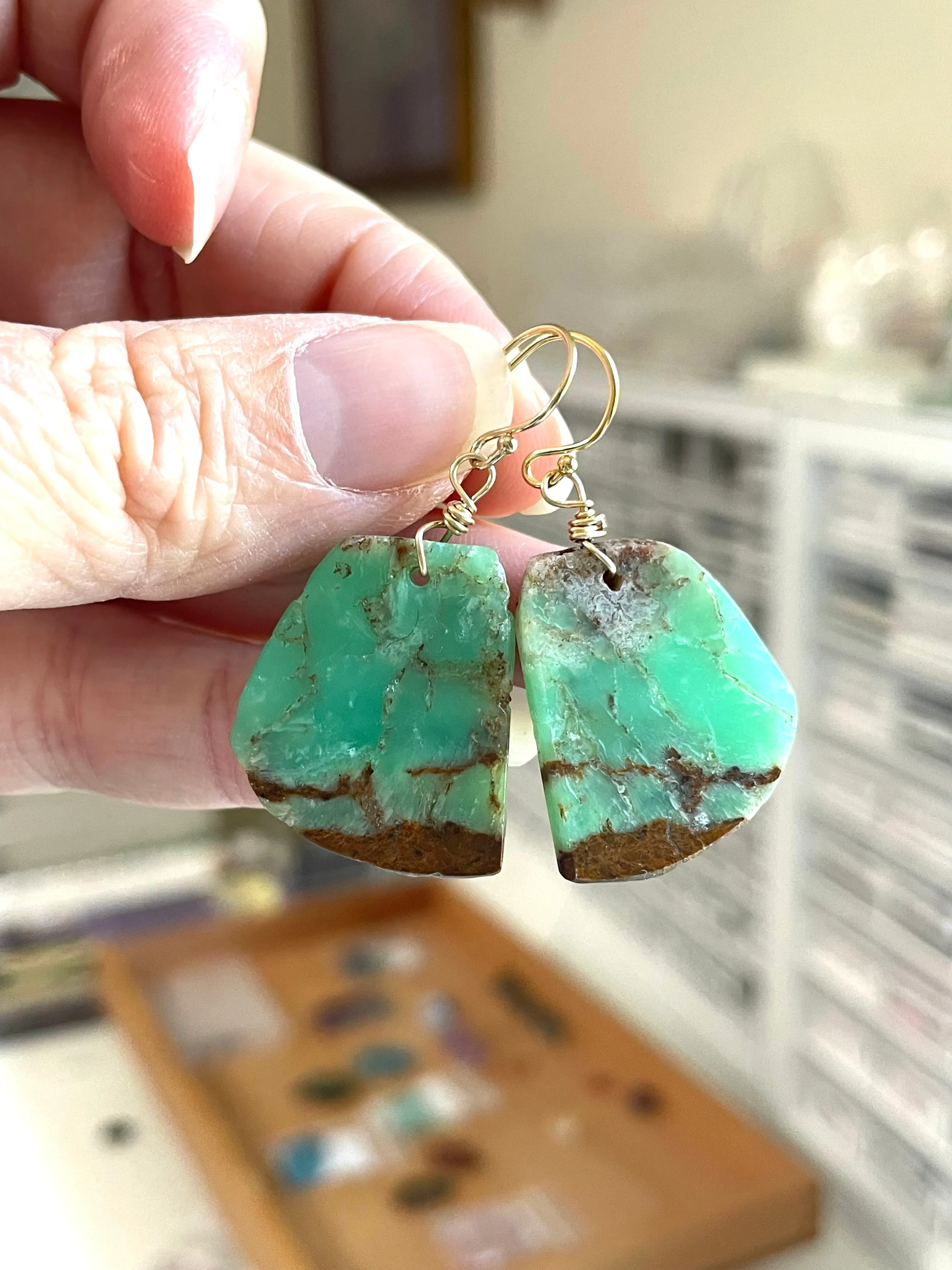 Chrysoprase Statement Earrings Gold Fill