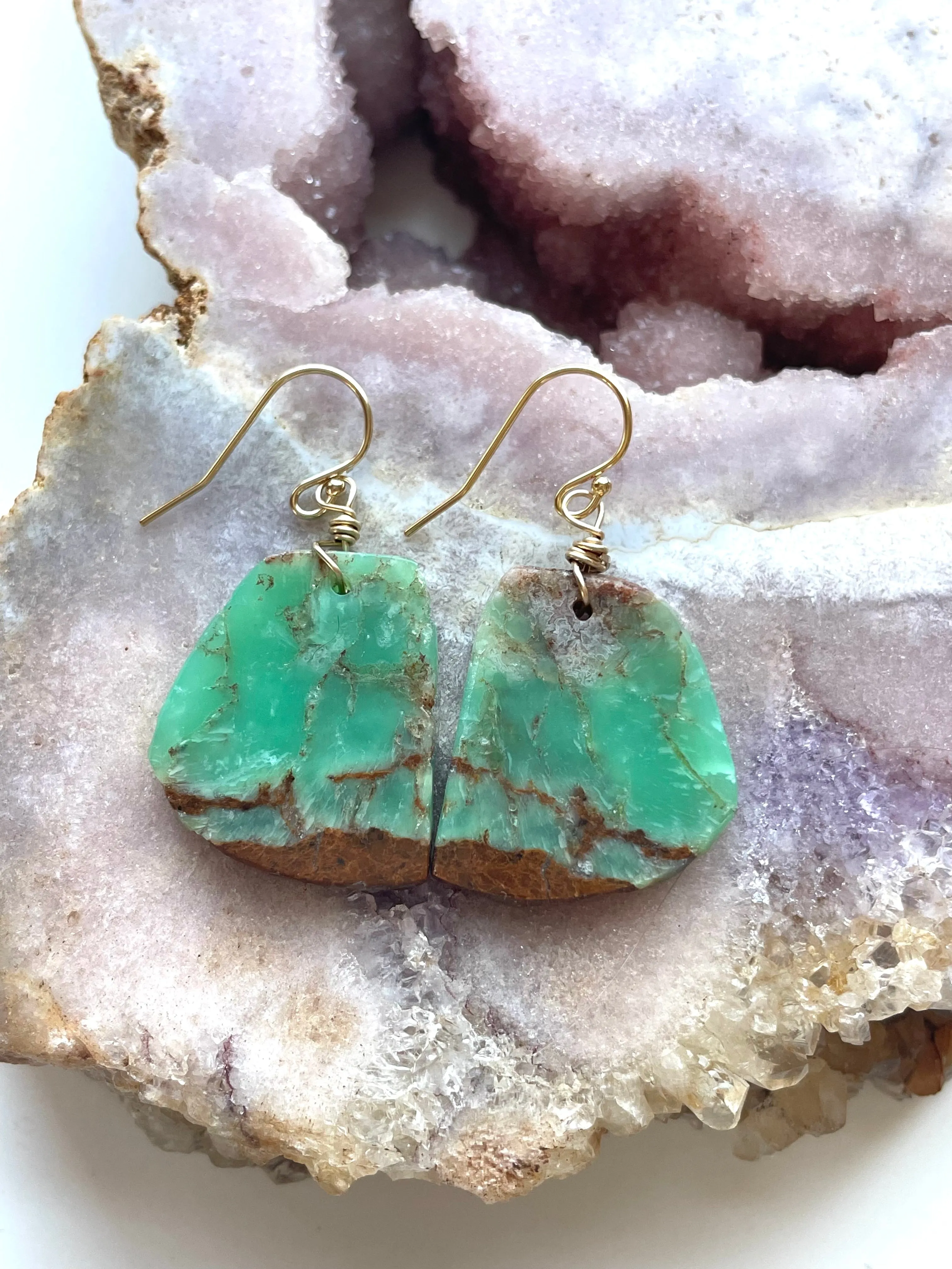 Chrysoprase Statement Earrings Gold Fill