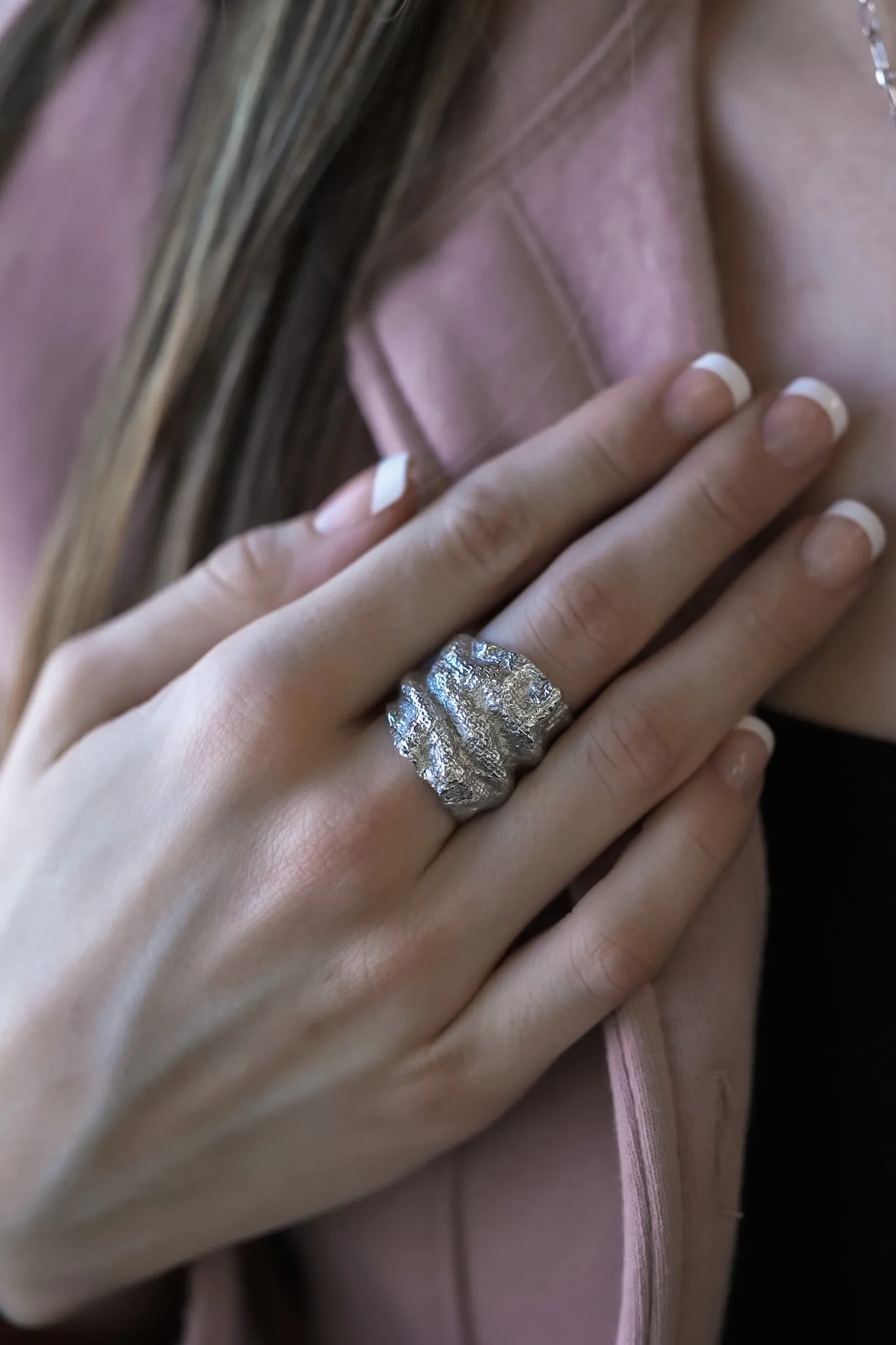 Crumpled Linen Texture Wide Sterling Silver Band