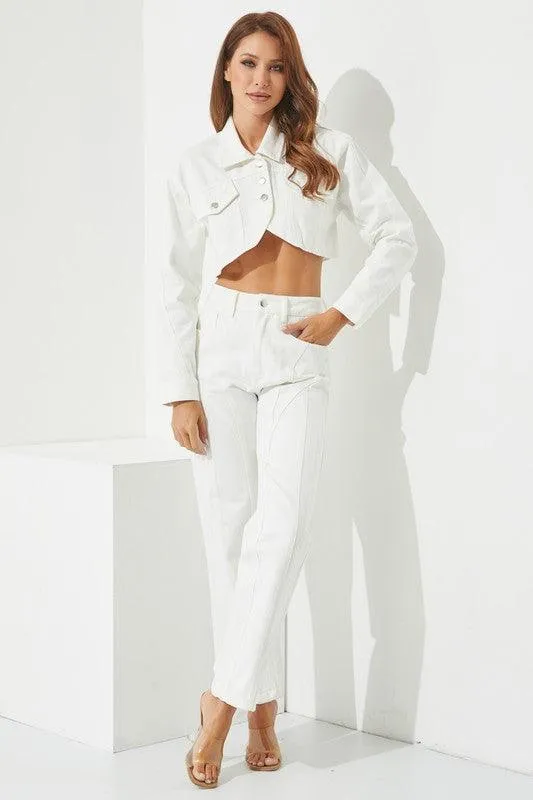 Denim crop jacket and trouser 2pc set