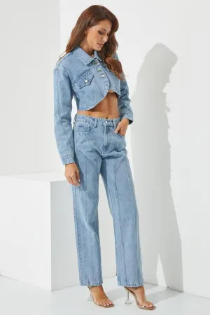 Denim crop jacket and trouser 2pc set