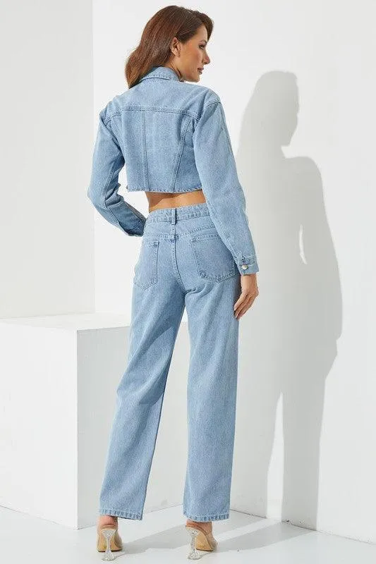 Denim crop jacket and trouser 2pc set