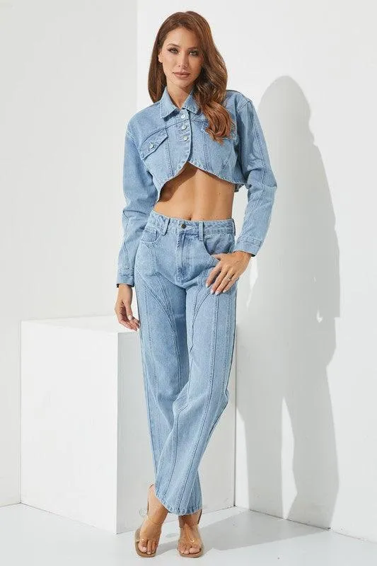 Denim crop jacket and trouser 2pc set