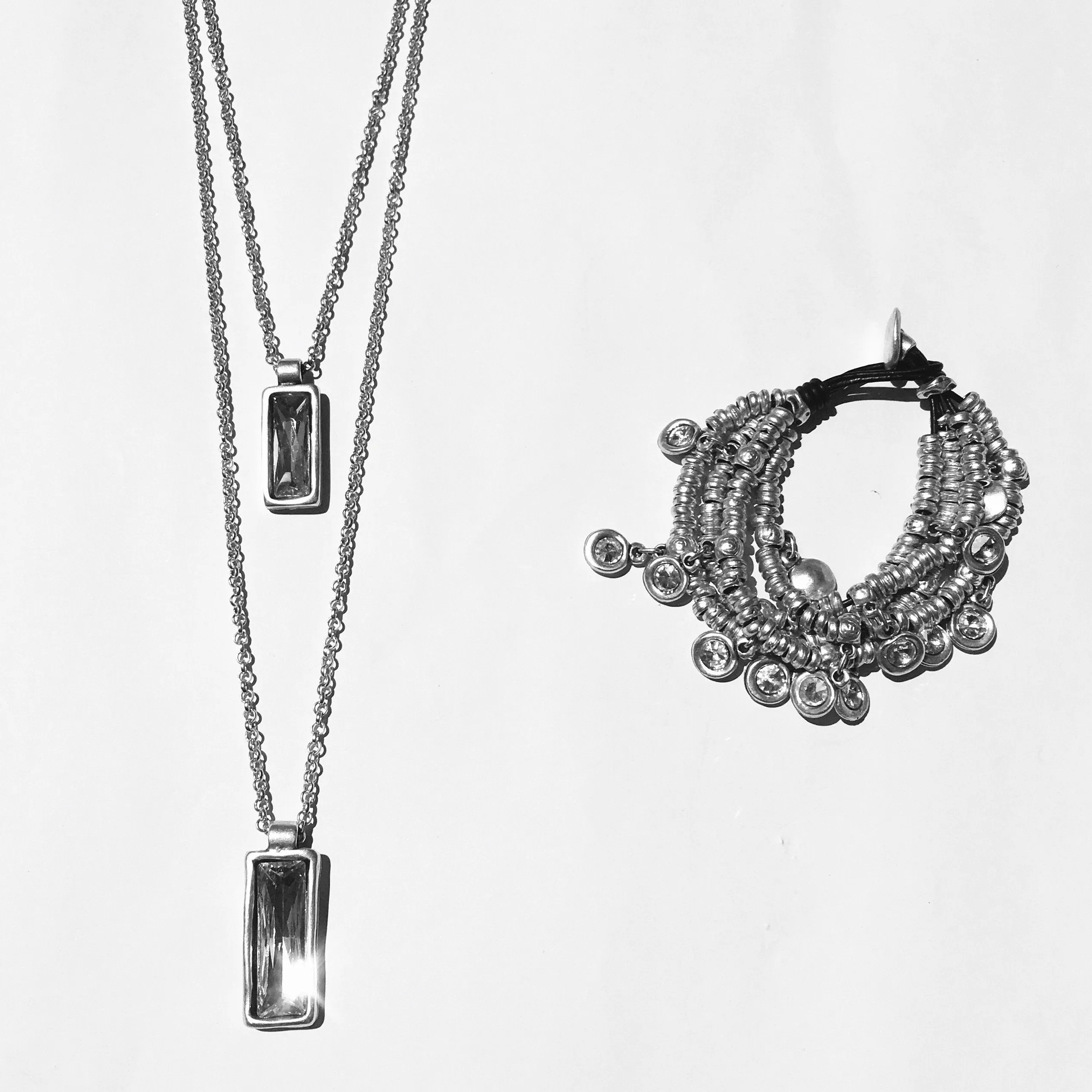 DOUBLE LONG CHAIN LINK NECKLACE WITH CRYSTAL PENDANTS