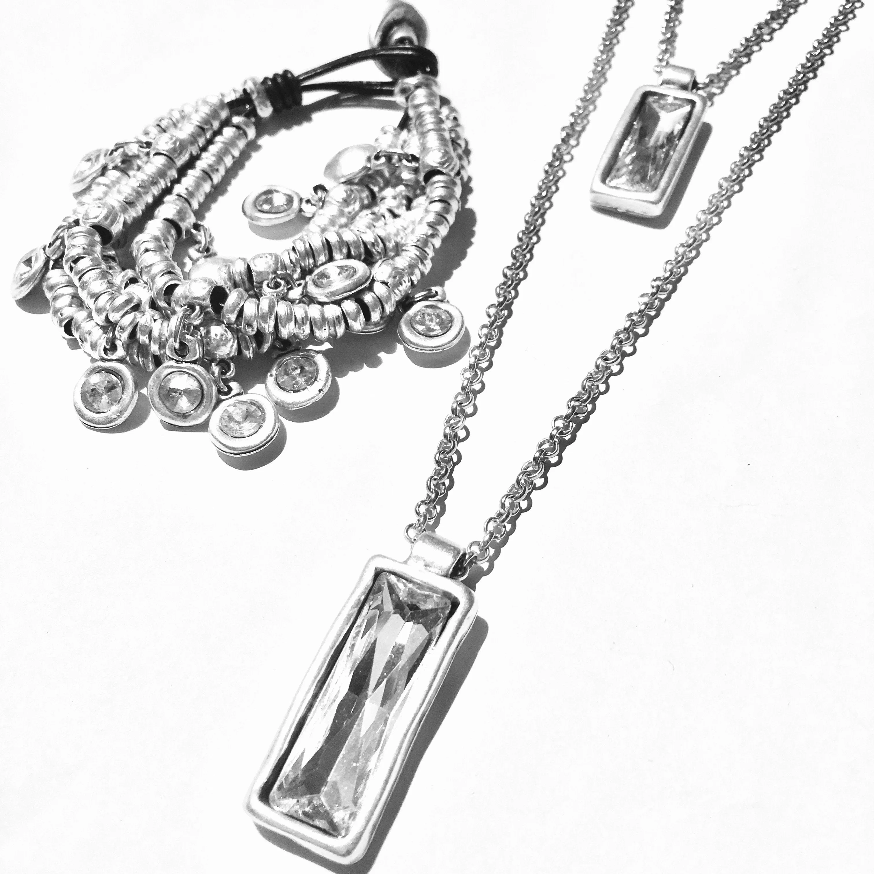DOUBLE LONG CHAIN LINK NECKLACE WITH CRYSTAL PENDANTS