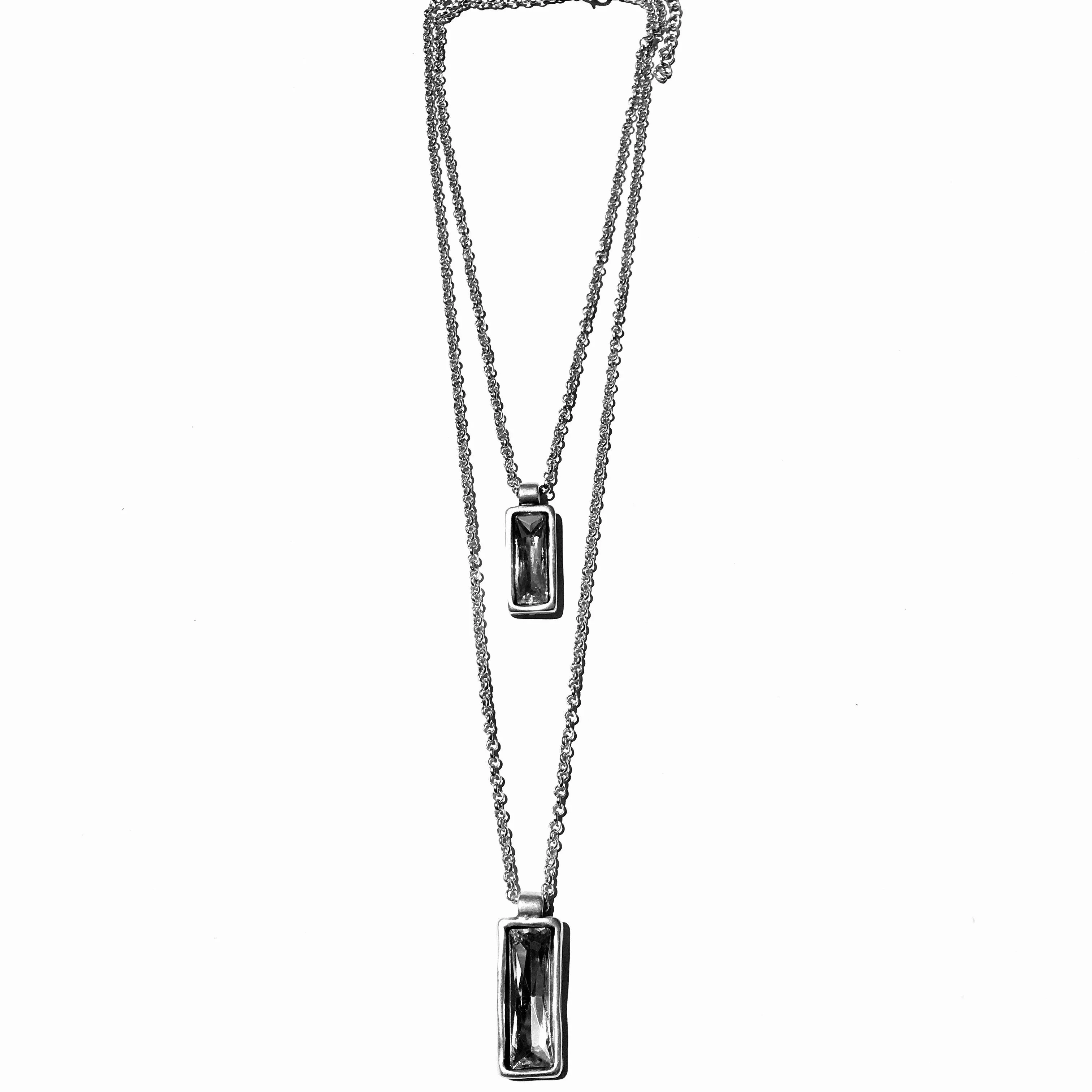 DOUBLE LONG CHAIN LINK NECKLACE WITH CRYSTAL PENDANTS