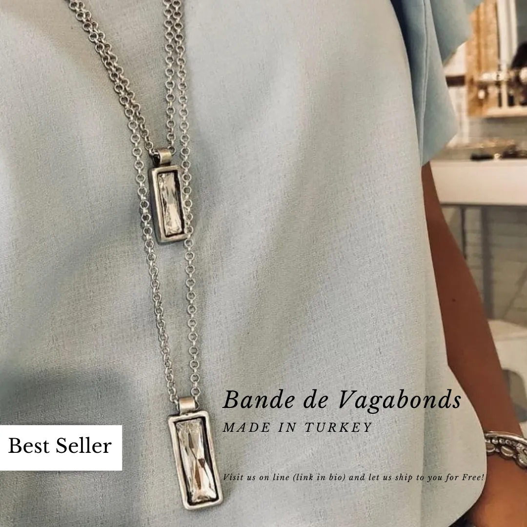 DOUBLE LONG CHAIN LINK NECKLACE WITH CRYSTAL PENDANTS