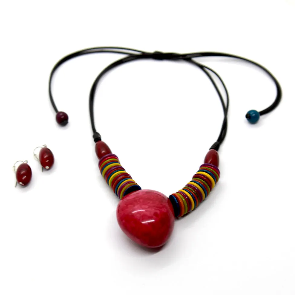 Earthy: Red Tagua Heart Pendant Necklace Set