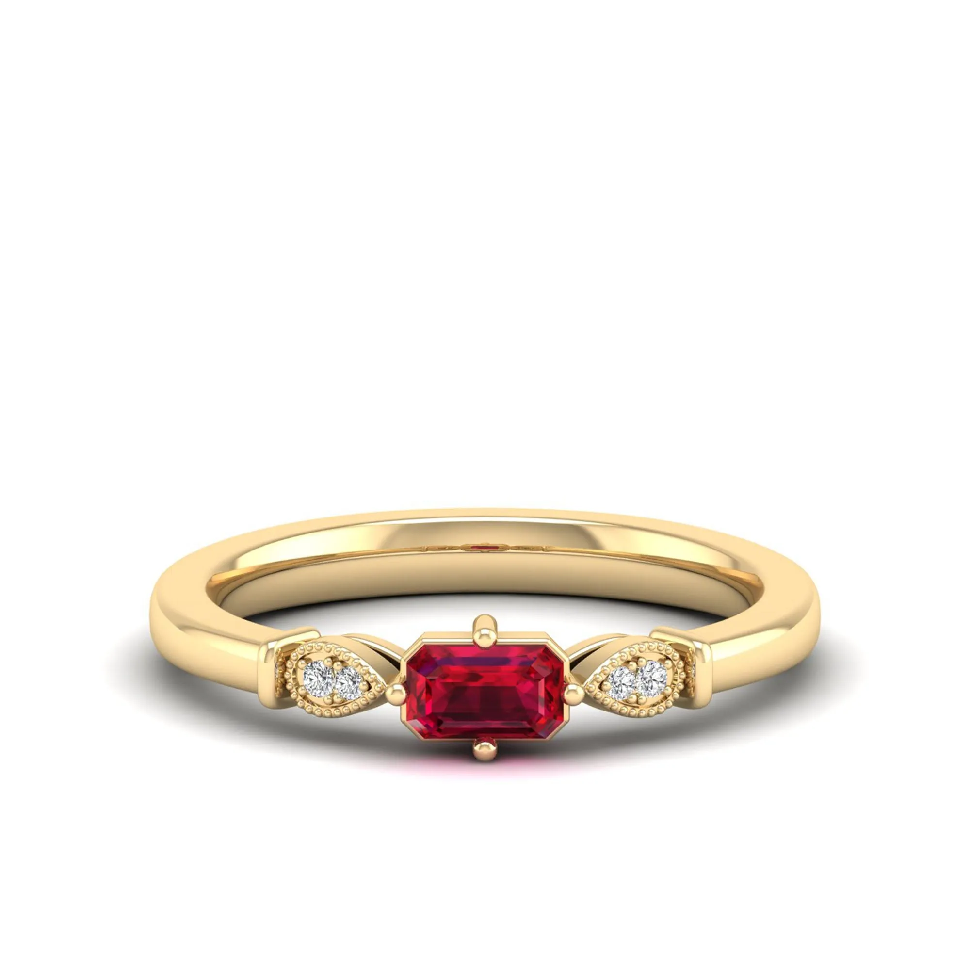East-West Ruby and Filligree Diamond Ring