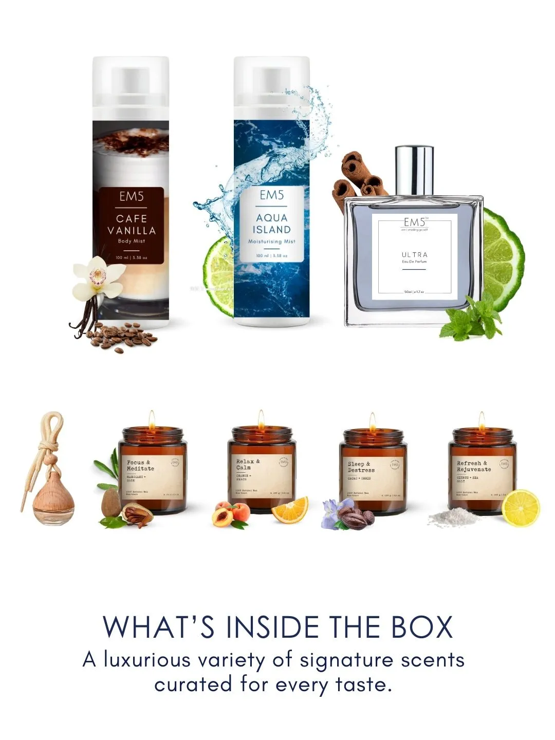 EM5™ Best Wishes Gift Hamper | Premium Gift Set | 4 x Scented Candles, 1 x Car Perfume, 1 x 50 ml Perfume Spray, 2 x Body Mists | Luxury Pack for Him, Her & Loved Ones