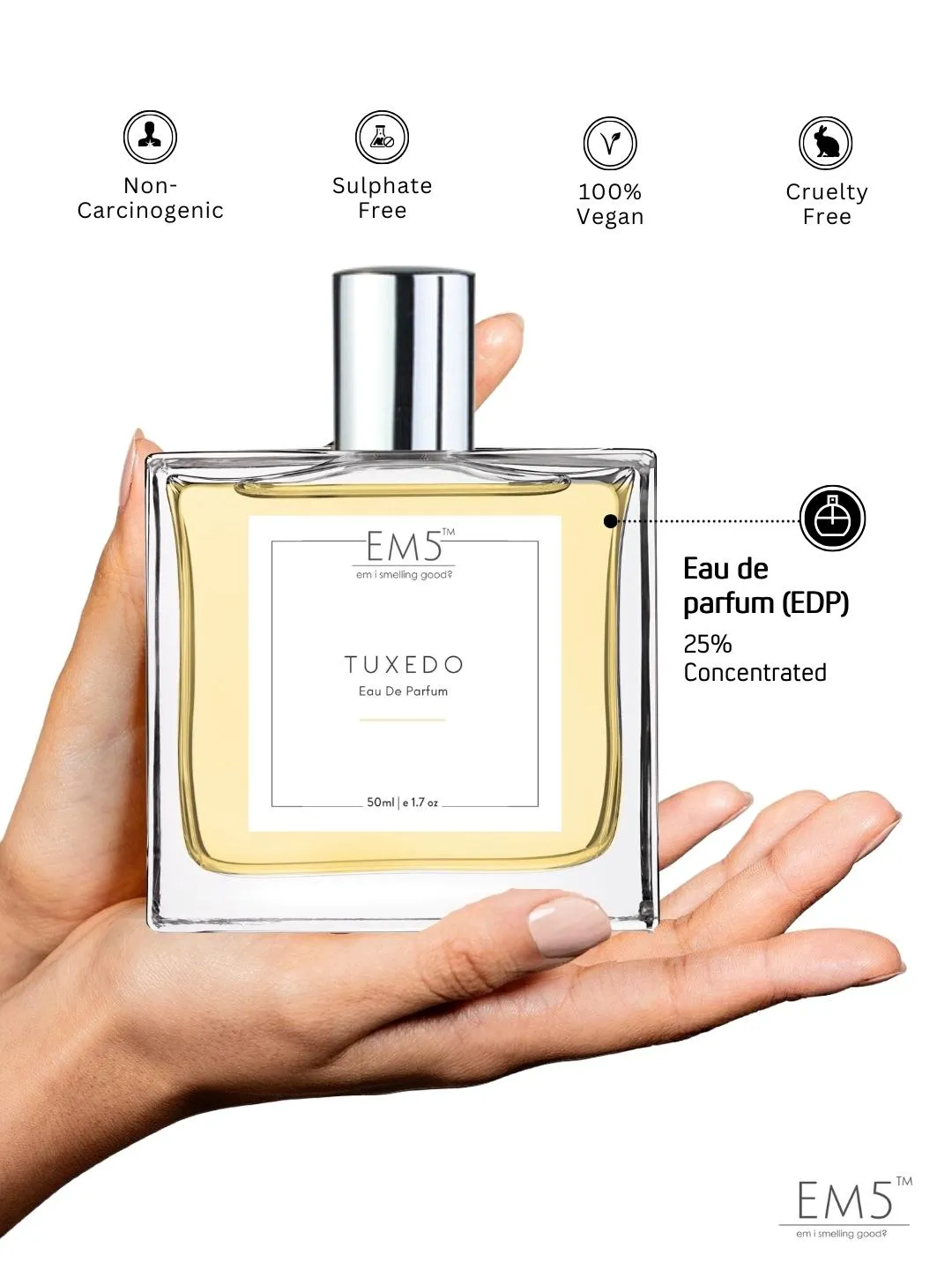 EM5™ Tuxedo Unisex Perfume EDP Spray | Patchouli Amber Fresh Spicy Fragrance for Men & Women | Luxury Gift for Him / Her | Variants Available: 50 ml Spray / 15 ml Spray