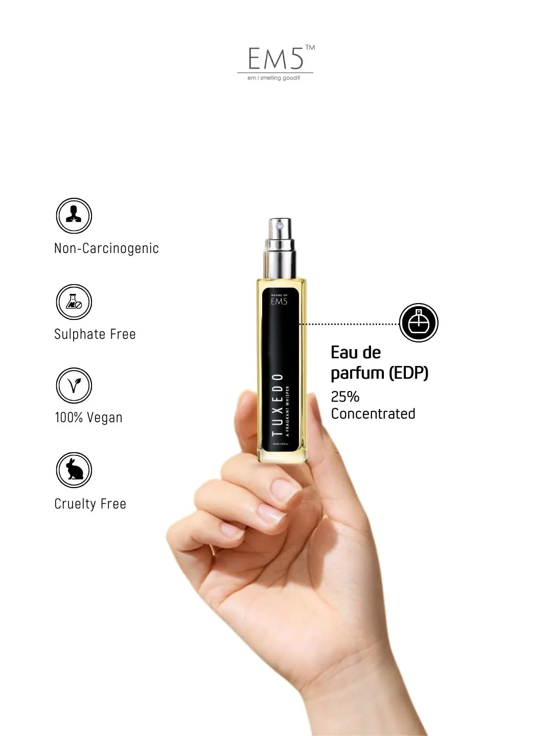 EM5™ Tuxedo Unisex Perfume EDP Spray | Patchouli Amber Fresh Spicy Fragrance for Men & Women | Luxury Gift for Him / Her | Variants Available: 50 ml Spray / 15 ml Spray