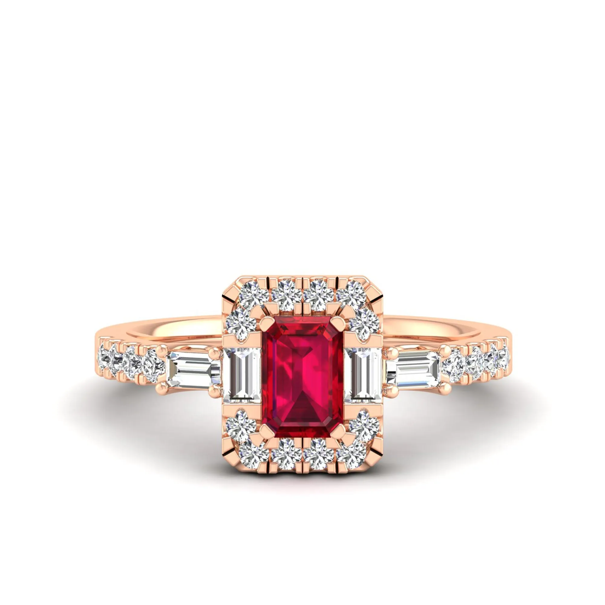 Emerald Cut Ruby with Round and Baguette Diamond Ring