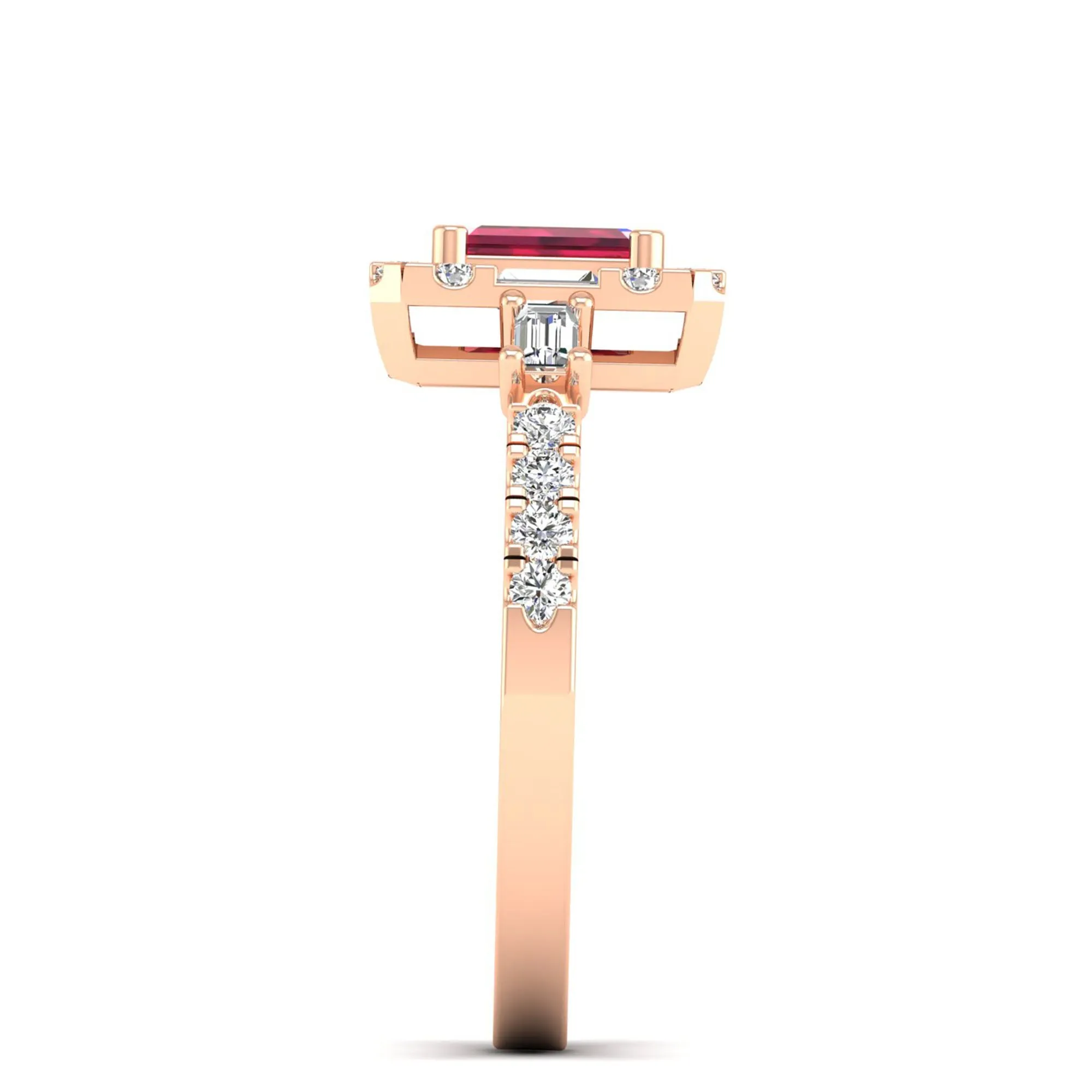 Emerald Cut Ruby with Round and Baguette Diamond Ring