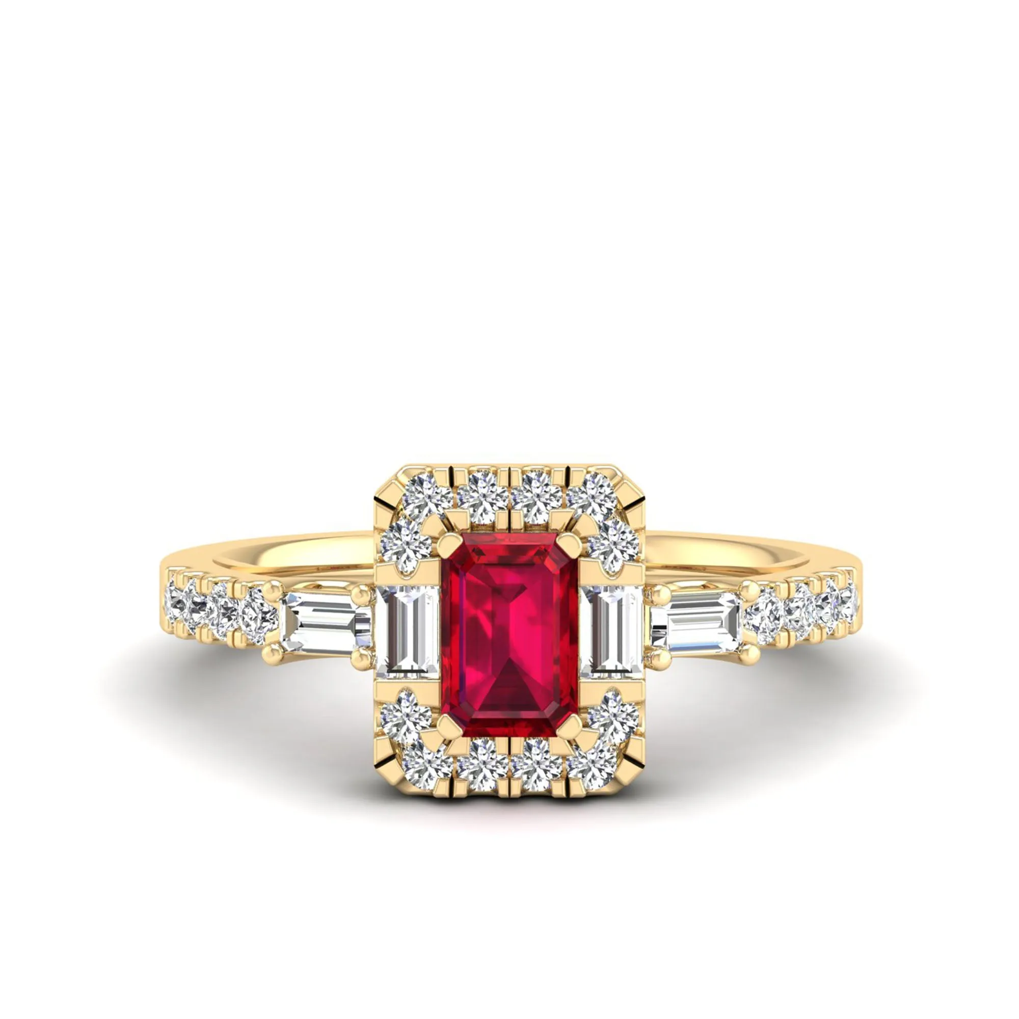 Emerald Cut Ruby with Round and Baguette Diamond Ring