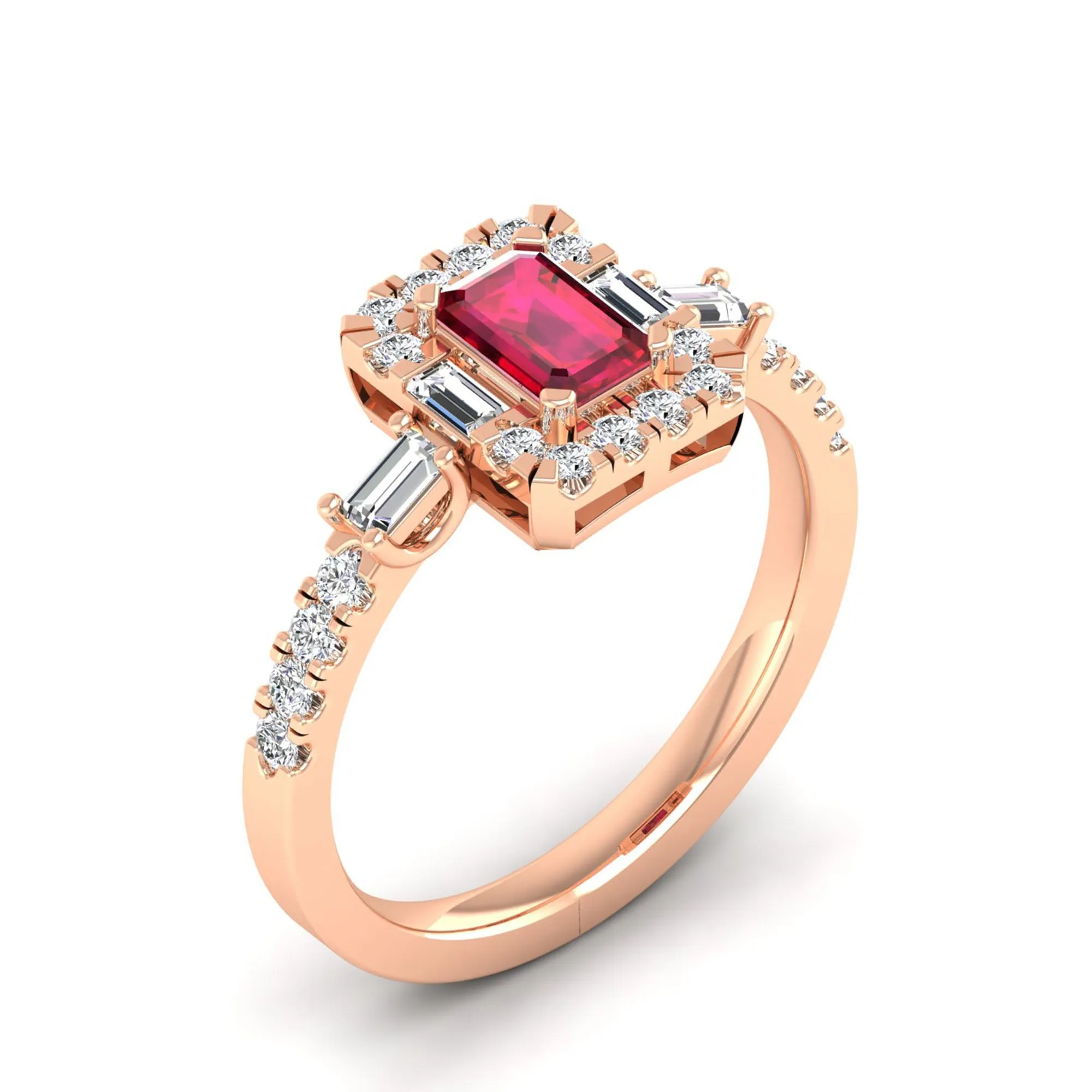 Emerald Cut Ruby with Round and Baguette Diamond Ring