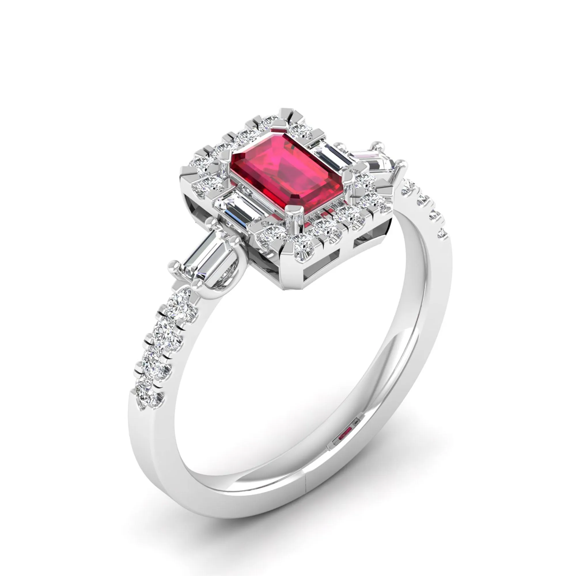 Emerald Cut Ruby with Round and Baguette Diamond Ring