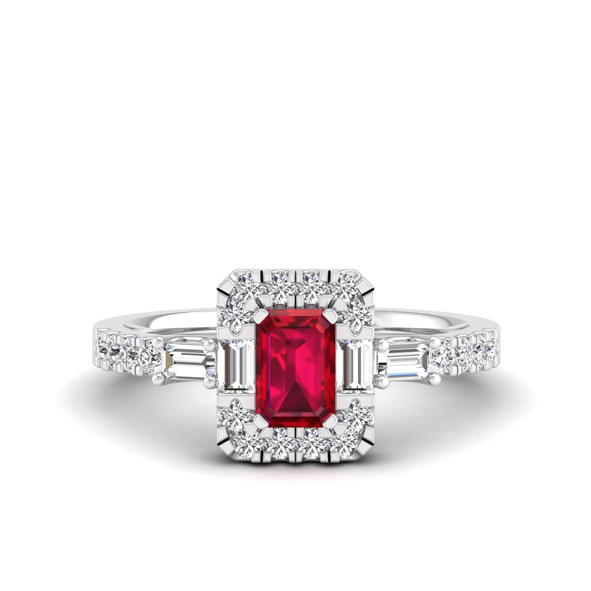 Emerald Cut Ruby with Round and Baguette Diamond Ring