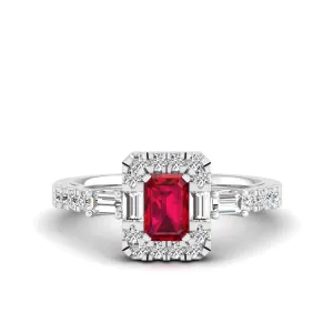 Emerald Cut Ruby with Round and Baguette Diamond Ring