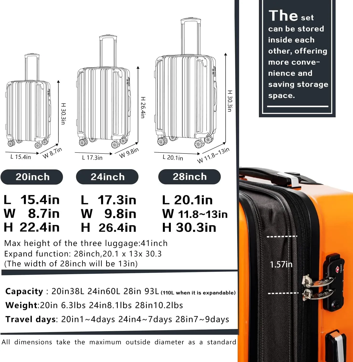 Expandable Luggage (only 28") Carry-On Luggage PC ABS Spinner 20in 24in 28in