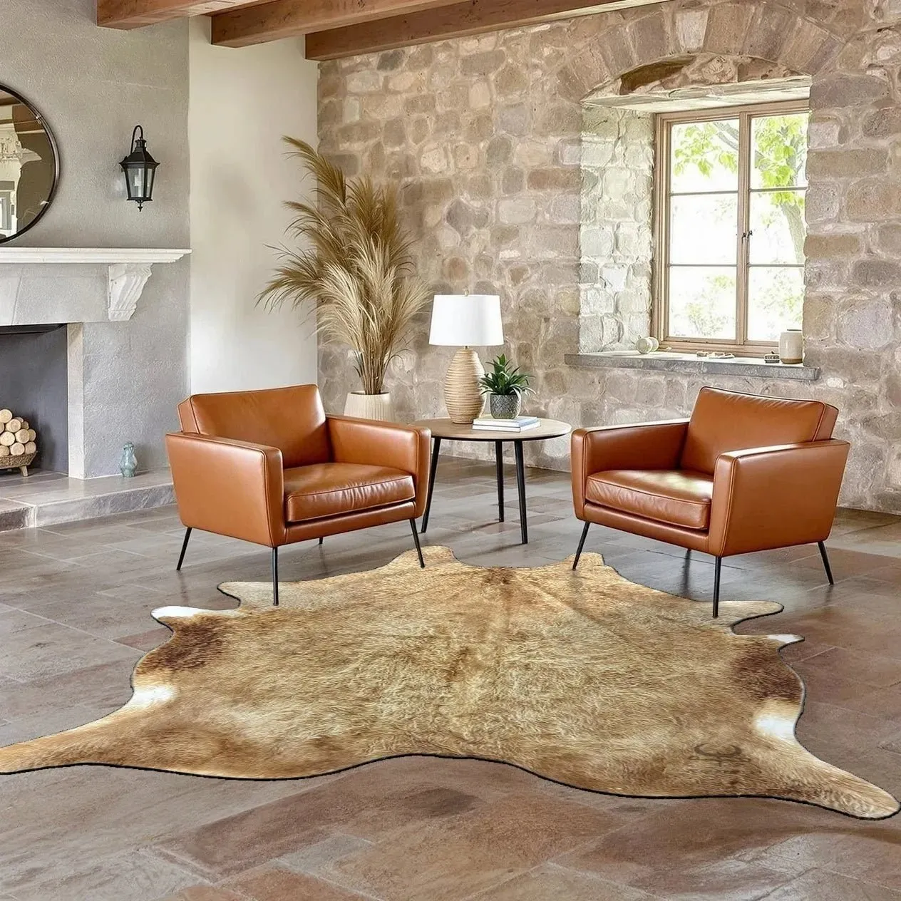 Extra Large Beige Cowhide Rug Size 6.9 x 7.5 ft---5010