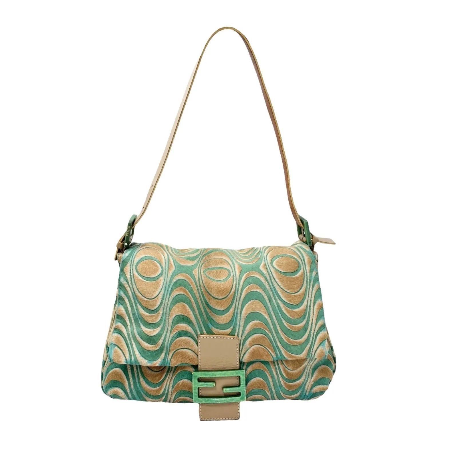 Fendi Suede Green   Tan Wave Baguette Bag