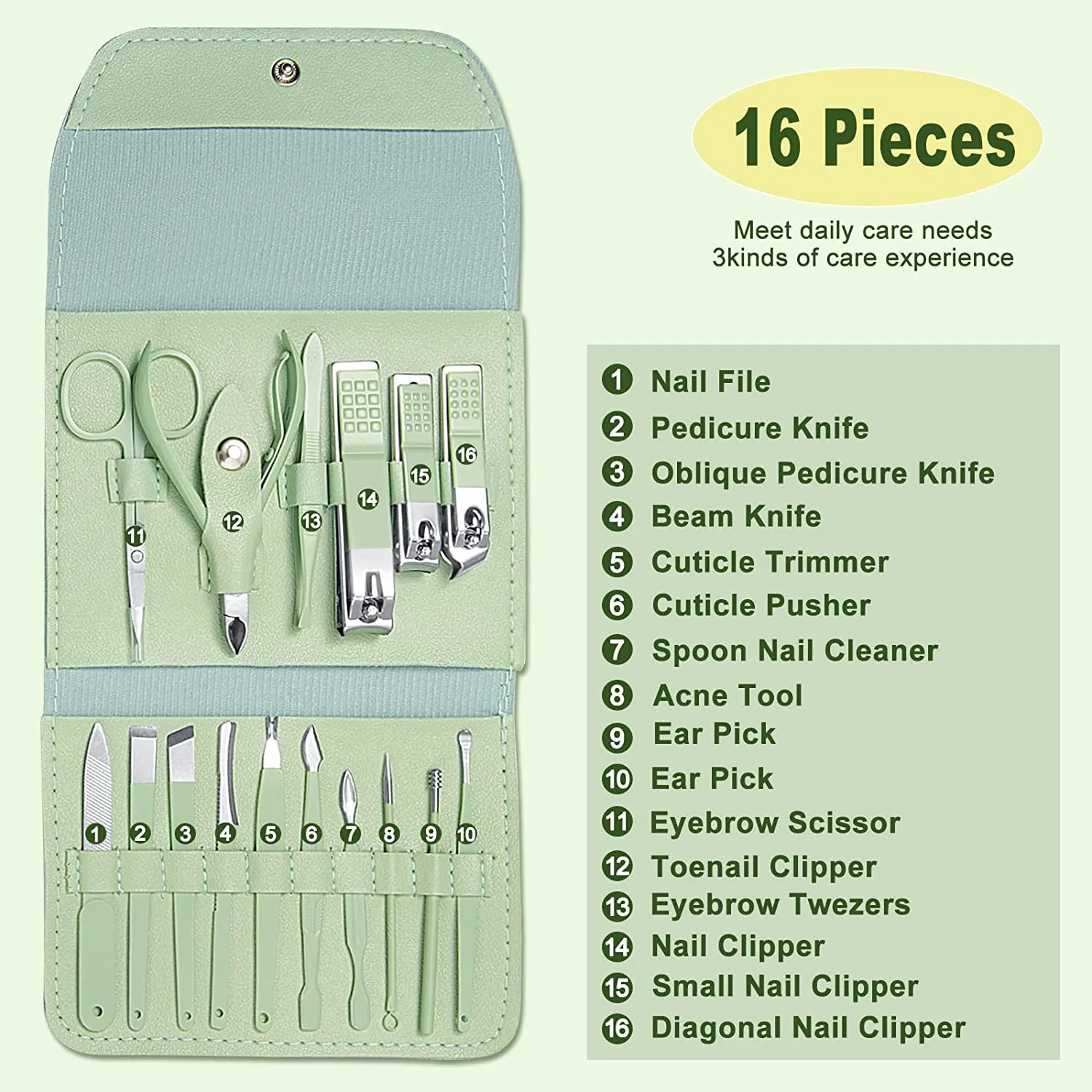 Fofosbeauty16 pcs Nail Care Tools with Luxurious Leather Travel Case (Green) Gift for her