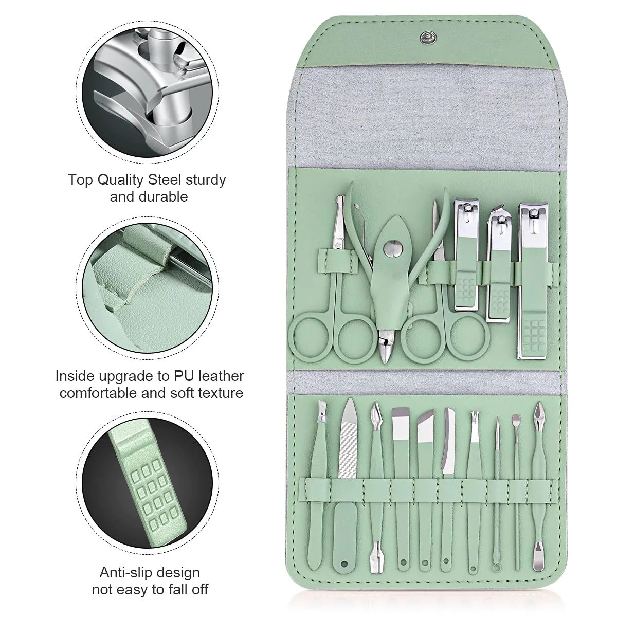 Fofosbeauty16 pcs Nail Care Tools with Luxurious Leather Travel Case (Green) Gift for her