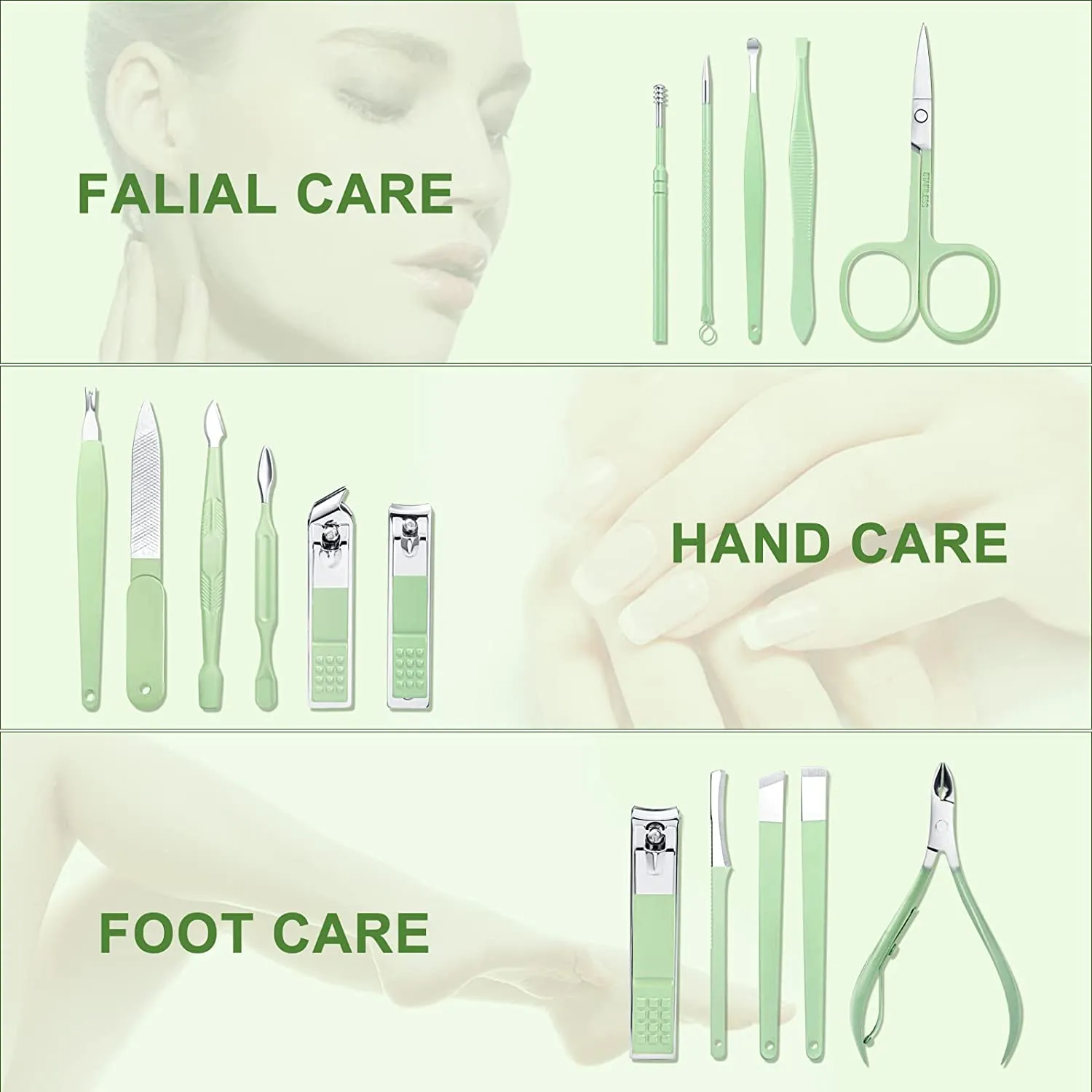 Fofosbeauty16 pcs Nail Care Tools with Luxurious Leather Travel Case (Green) Gift for her