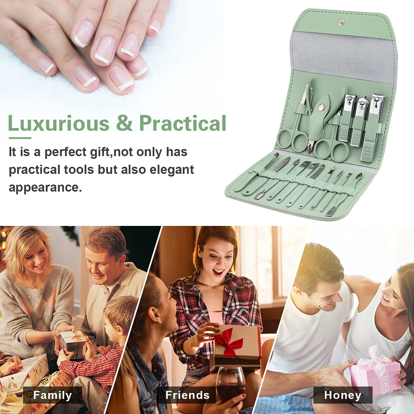 Fofosbeauty16 pcs Nail Care Tools with Luxurious Leather Travel Case (Green) Gift for her