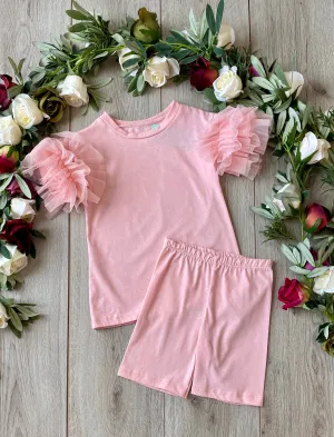 Girls Pink Puff Ball Top and Shorts Set