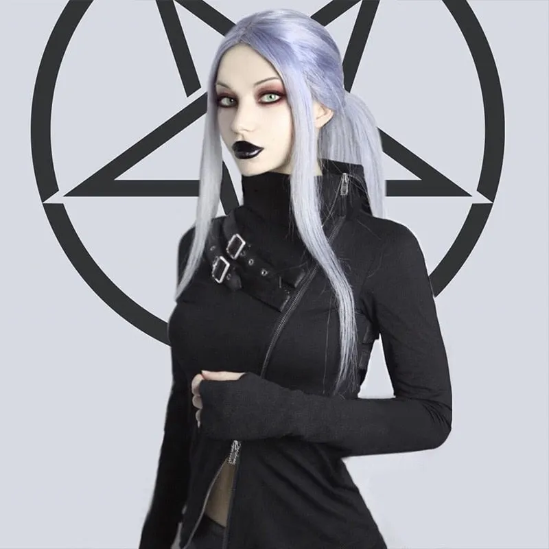 Gothic Punk Longsleeved Slim Top with Buckles and Zippers