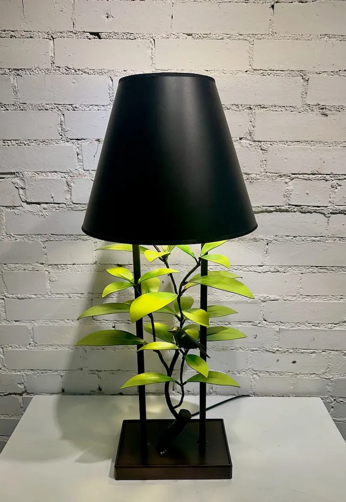 Green Laurel and Wrens Table Lamp with Black Shade