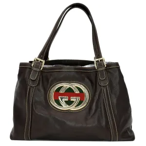GUCCI Britt Leather Tote Bag Dark Brown 162094