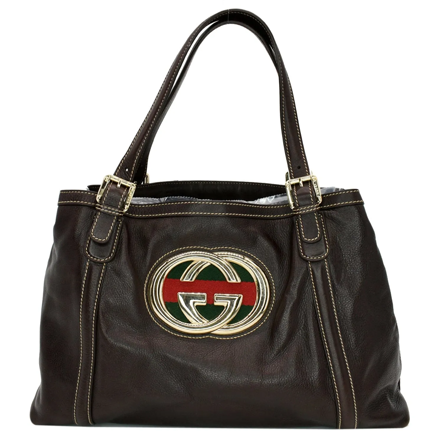 GUCCI Britt Leather Tote Bag Dark Brown 162094