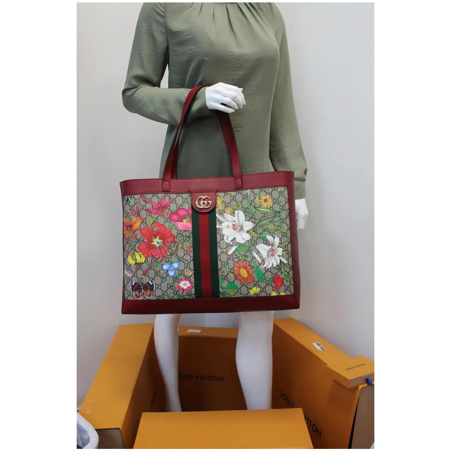 GUCCI Ophidia GG Flora Medium Tote Bag Red 547947