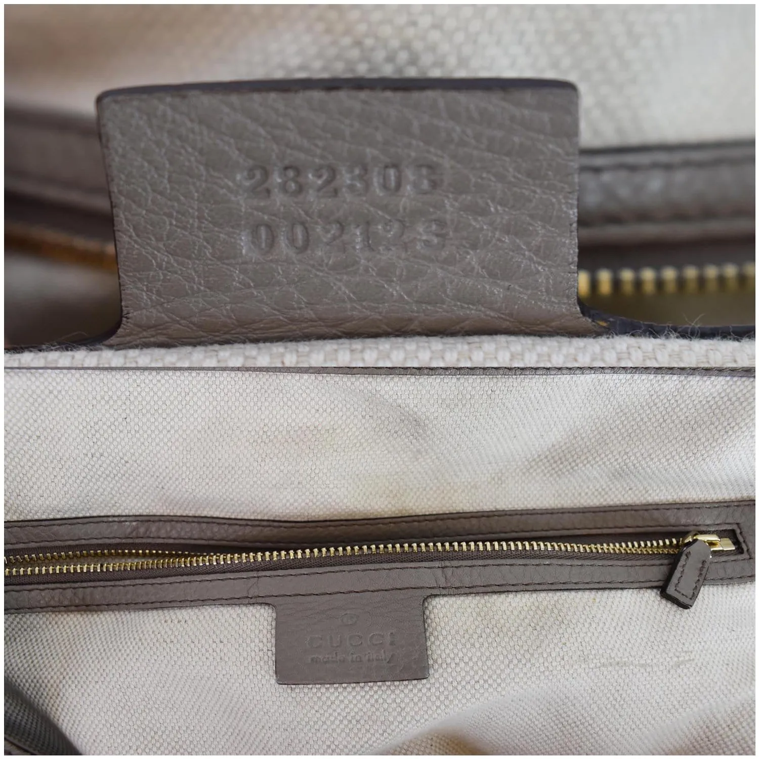 GUCCI Soho Top Handle Pebbled Leather Tote Bag Taupe 282308