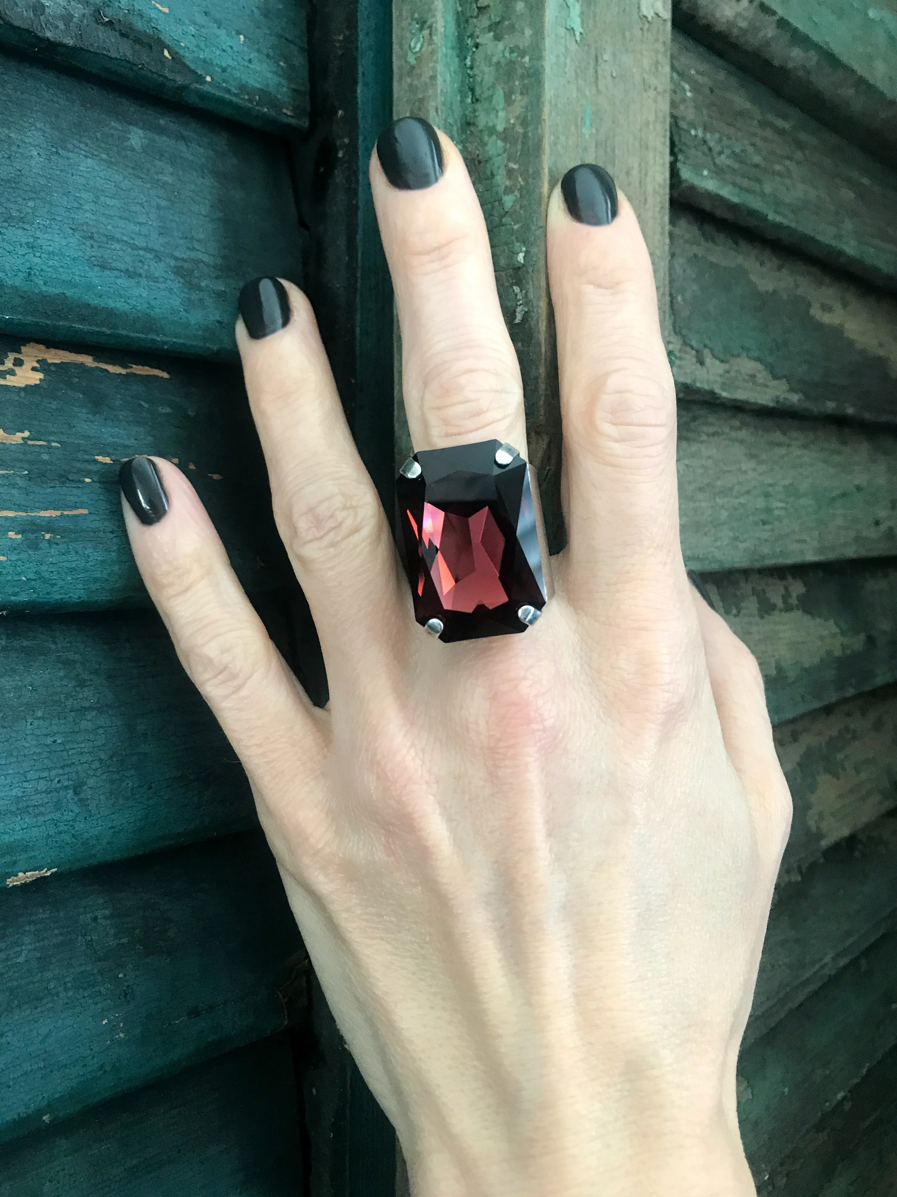 HALCYON II - Earthy Burgundy Crystal Ring - Antiqued Brass