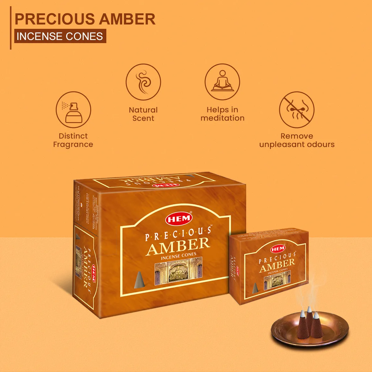 HEM Precious Amber Dhoop Cones - Pack of 12 (10 Cones Each)