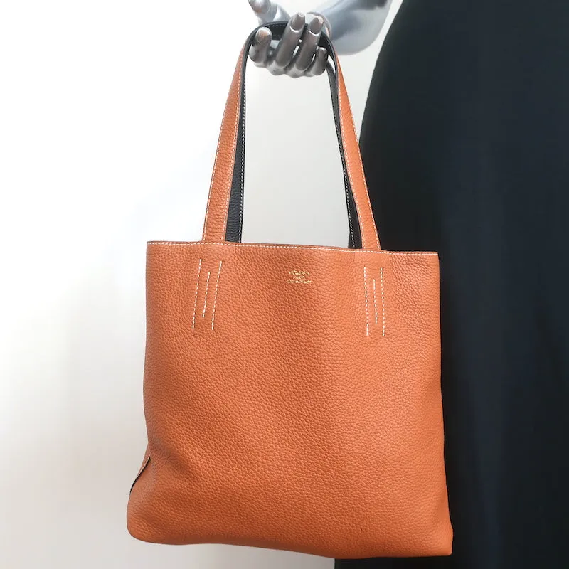 Hermes Sac Double Sens 32 Reversible Tote Black & Orange Clemence Leather