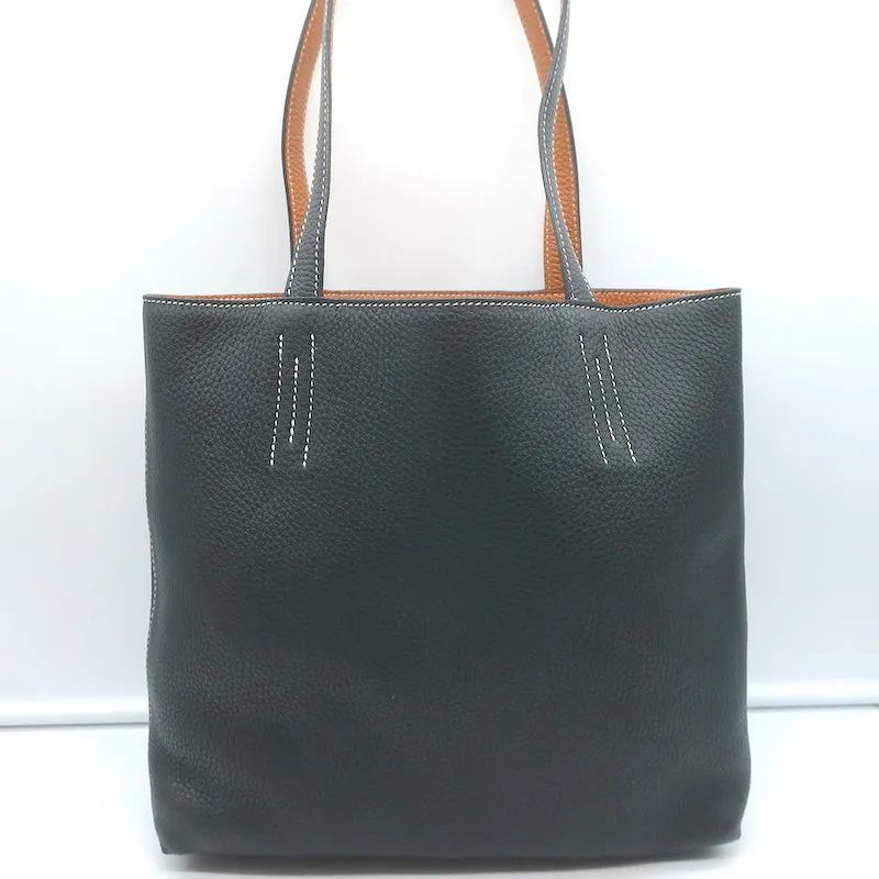 Hermes Sac Double Sens 32 Reversible Tote Black & Orange Clemence Leather