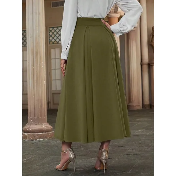 High Waist Pleated Detail Flare midi Skirt business casual navy blue