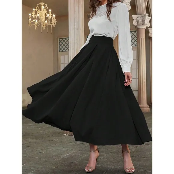 High Waist Pleated Detail Flare midi Skirt business casual navy blue