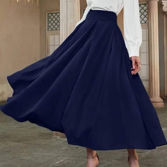 High Waist Pleated Detail Flare midi Skirt business casual navy blue