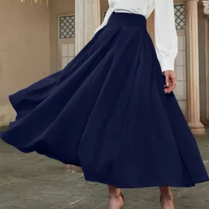 High Waist Pleated Detail Flare midi Skirt business casual navy blue