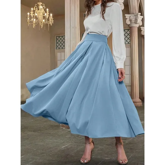 High Waist Pleated Detail Flare midi Skirt business casual navy blue
