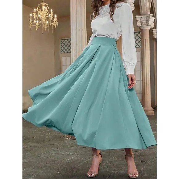 High Waist Pleated Detail Flare midi Skirt business casual navy blue